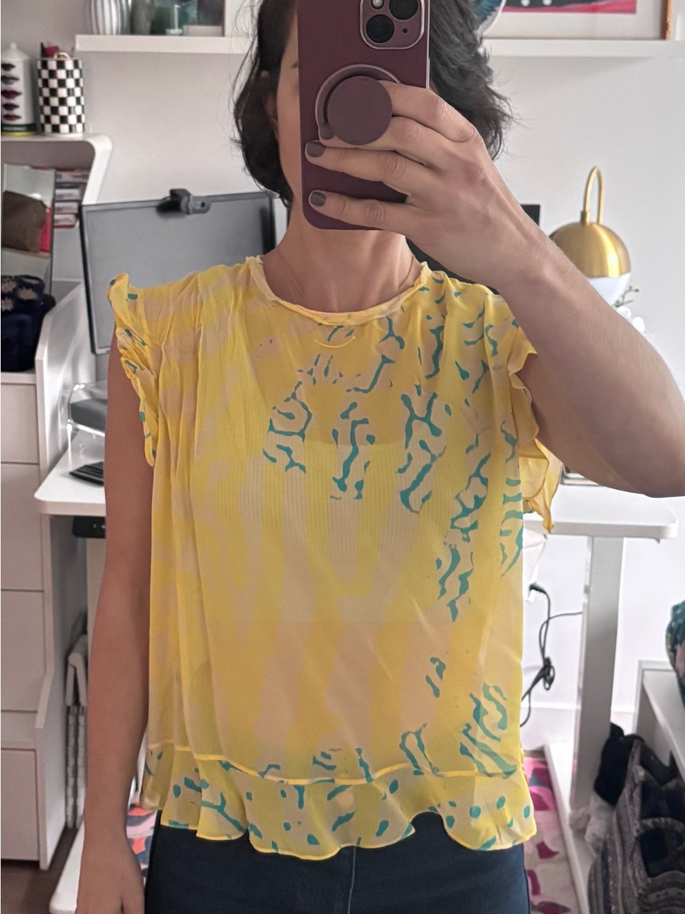 Animale Yellow Ruffle Sleeve Printed Women's Top